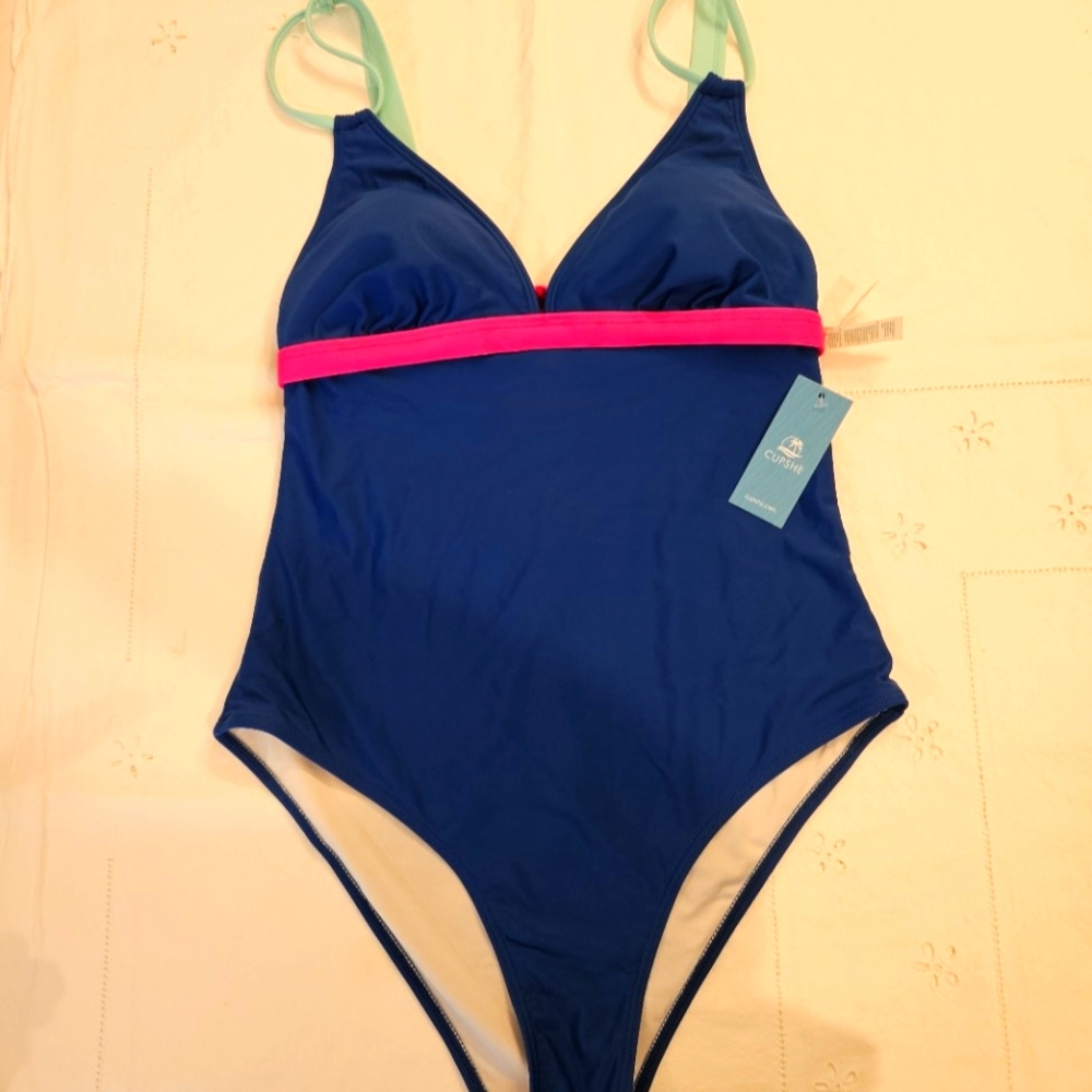 NWT Cupshe Blue One-Piece Swimsuit with Pink Accent - Womens Large